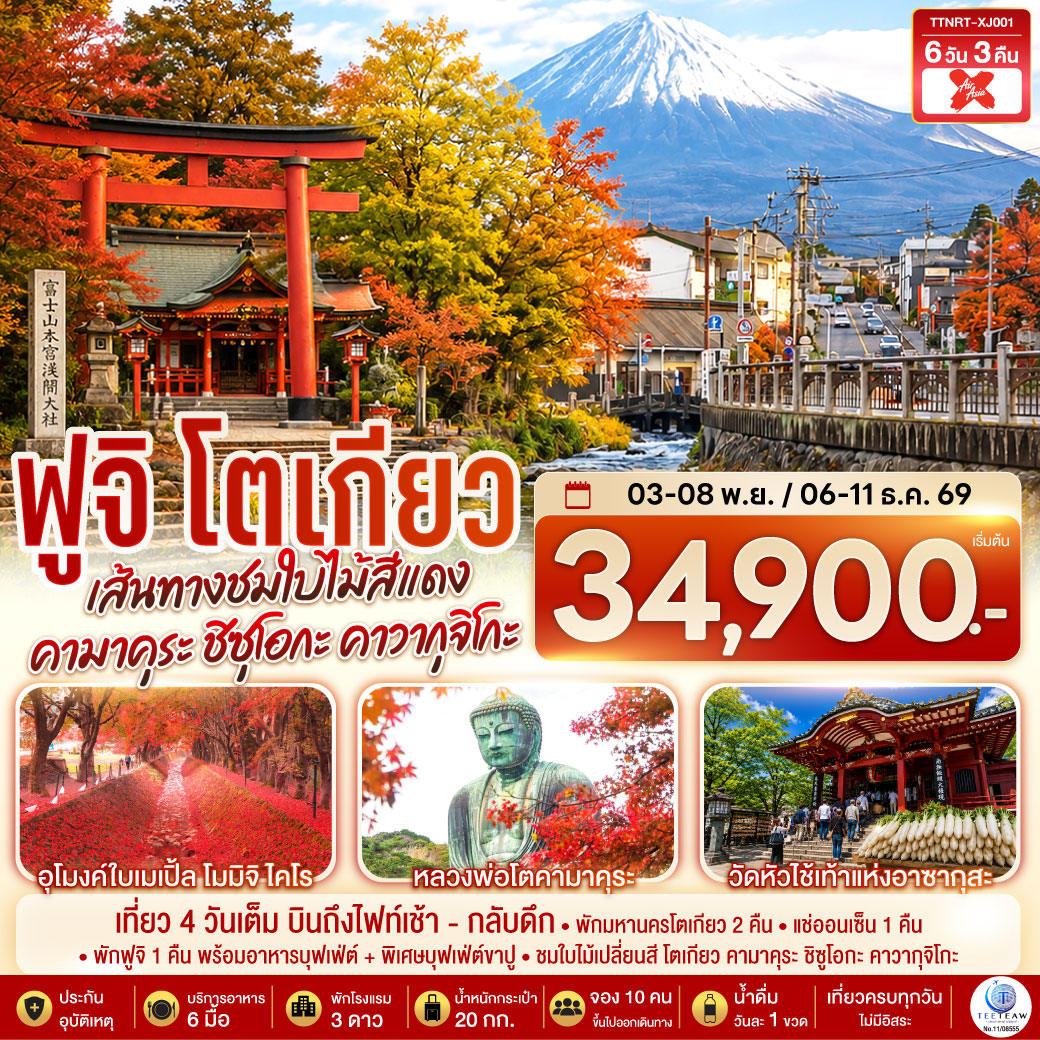 เที่ยว 4 วันเต็ม - พักมหานครโตเกียว 2 คืน - พักฟูจิ 1 คืน พร้อมอาหารบุฟเฟ่ต์   พิเศษบุฟเฟ่ต์ขาปู - ชมใบไม้เปลี่ยนสี โตเกียว คามาคุระ ชิซูโอกะ คาวากุจิโกะ